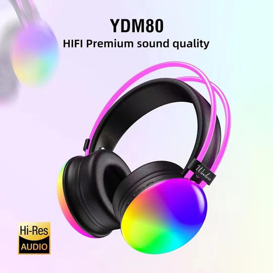 YDM80 RGB Bluetooth Headphones - Wireless Over-Ear Gaming & Sports Headset | 8H+ Playtime | IPX3 Waterproof | Bass Boost | Digital Display | 10m Range