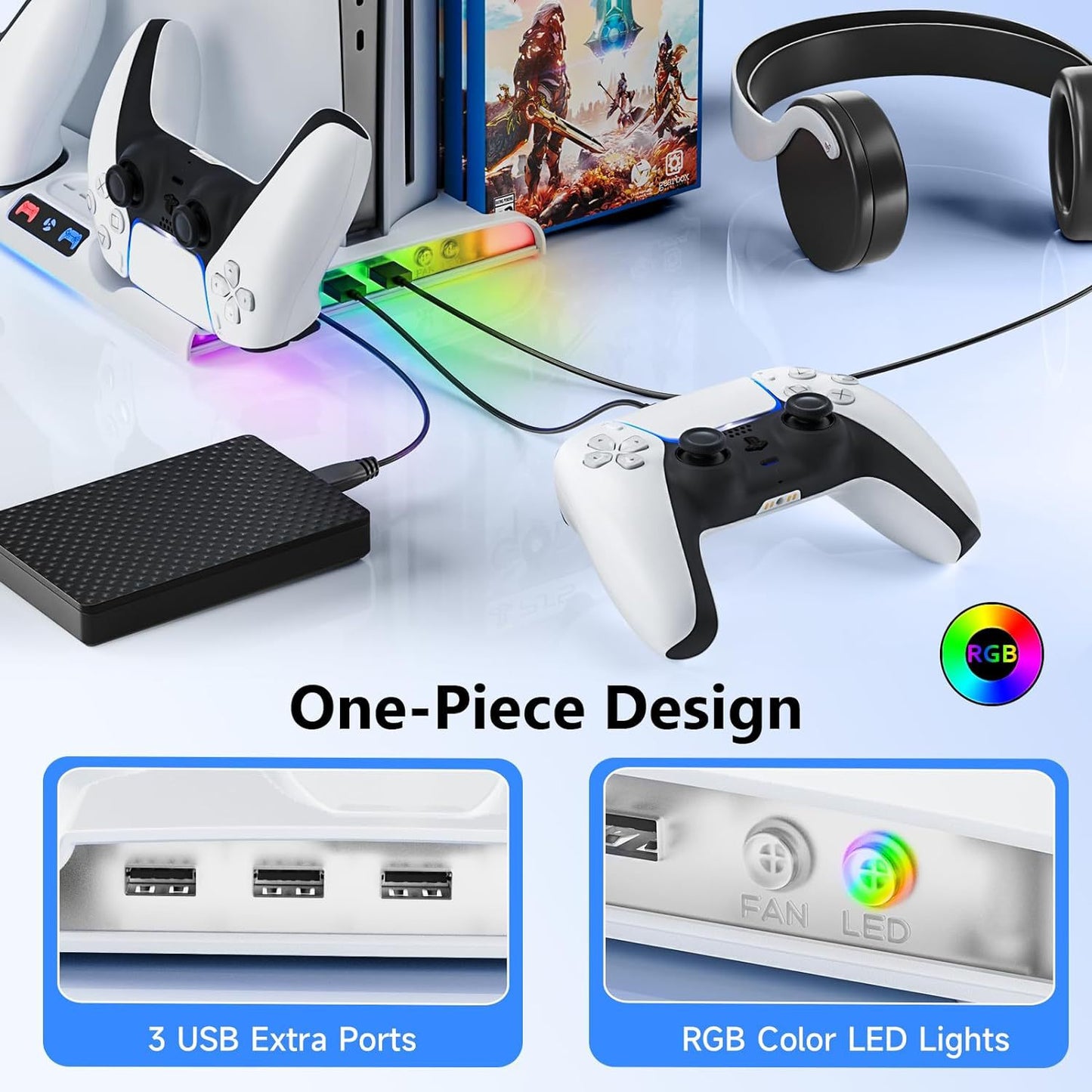 PS5 Slim Dual Controller Charging Station with Cooling Base | 2-in-1 Charger Dock + Game Disc Holder | 9.8" x 7.5" x 1.3" (25x19x3.2cm) | Slim Console Stand with Built-in Fan