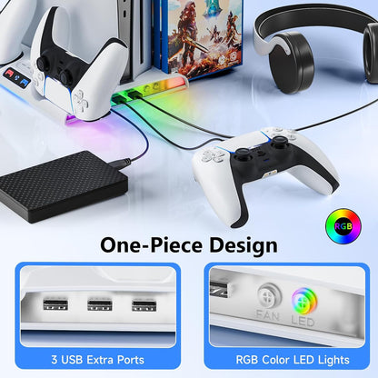 PS5 Slim Dual Controller Charging Station with Cooling Base | 2-in-1 Charger Dock + Game Disc Holder | 9.8" x 7.5" x 1.3" (25x19x3.2cm) | Slim Console Stand with Built-in Fan