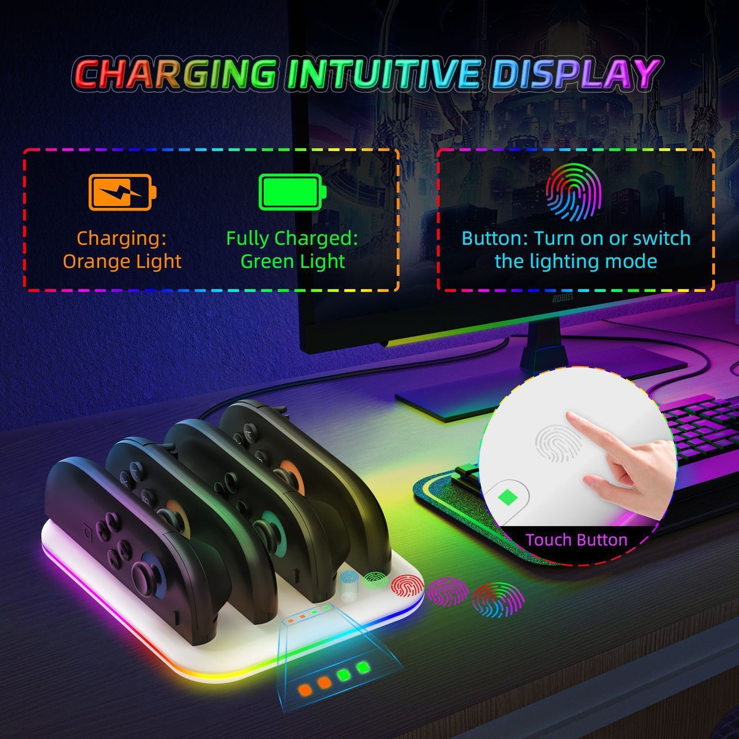Switch 2 Joy-Con Charging Dock with RGB Lights | 4-Port Fast Charging Station | Horizontal Stand for Nintendo Switch 2 | 4.5" x 1" x 6.5" (11.5x2.5x16.5cm) | ABS Construction
