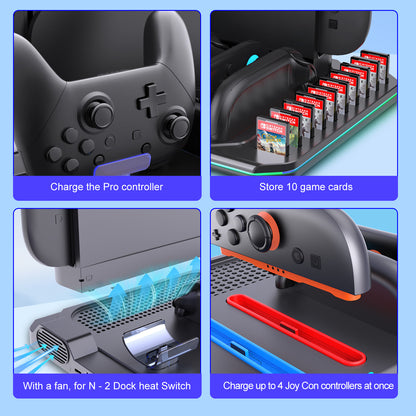 Switch 2 Cooling Dock with 4 Joy-Con Charger | Pro Controller & Game Card Holder | RGB Fan Base Station for Nintendo Switch 2 Accessories