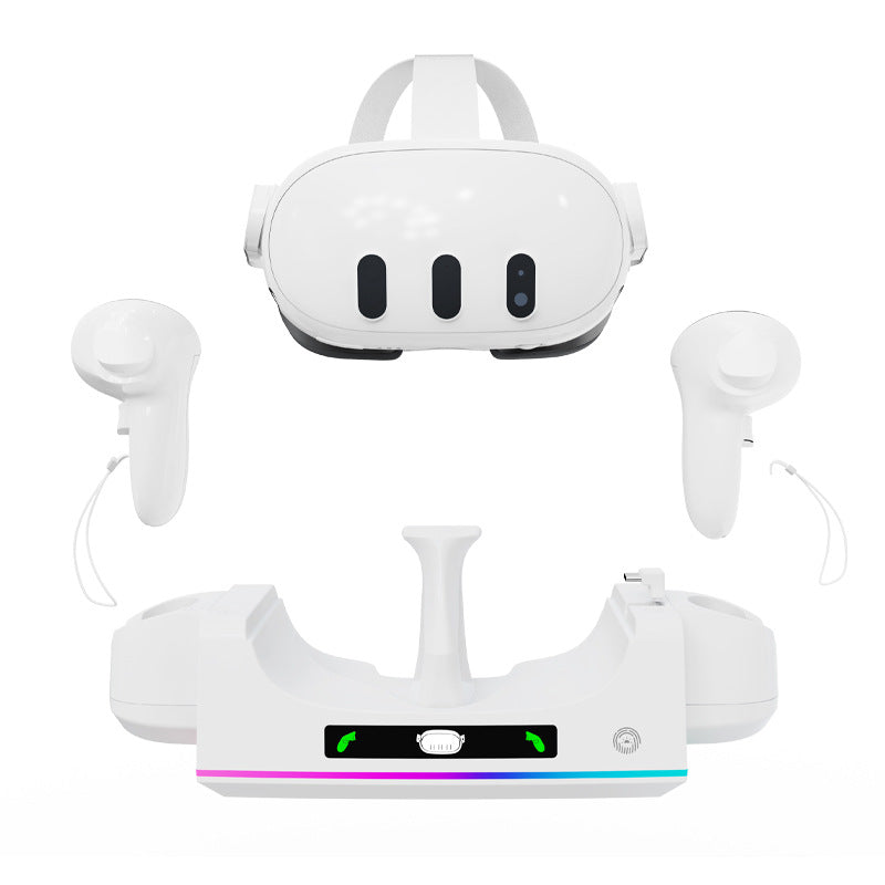 "Meta Quest 3S & Quest 3 Wall-Mounted Charging Dock with RGB Lights | Dual Controller & Headset Charger | Fast Type-C Charging | White ABS VR Stand | Includes Cable"