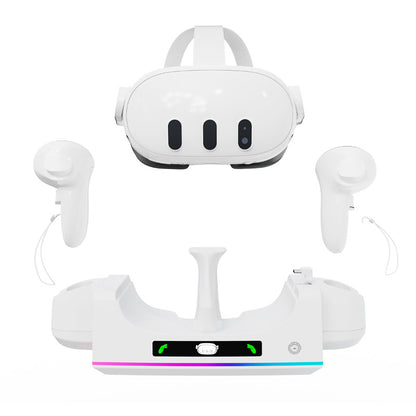 "Meta Quest 3S & Quest 3 Wall-Mounted Charging Dock with RGB Lights | Dual Controller & Headset Charger | Fast Type-C Charging | White ABS VR Stand | Includes Cable"