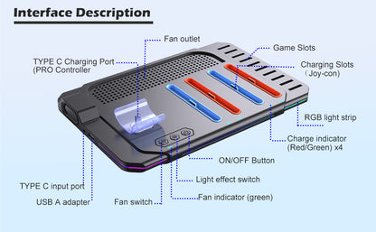 Switch 2 Cooling Dock with 4 Joy-Con Charger | Pro Controller & Game Card Holder | RGB Fan Base Station for Nintendo Switch 2 Accessories