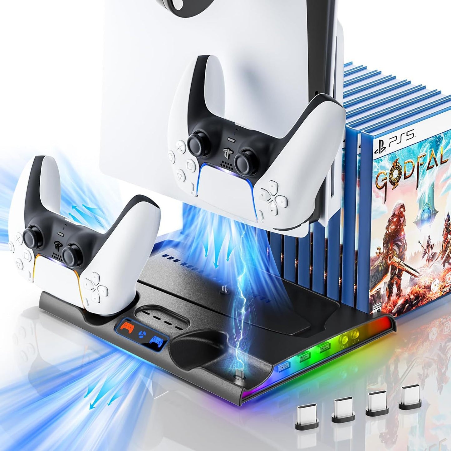 PS5 Slim Dual Controller Charging Station with Cooling Base | 2-in-1 Charger Dock + Game Disc Holder | 9.8" x 7.5" x 1.3" (25x19x3.2cm) | Slim Console Stand with Built-in Fan