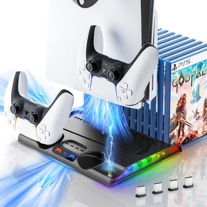 PS5 Slim Dual Controller Charging Station with Cooling Base | 2-in-1 Charger Dock + Game Disc Holder | 9.8" x 7.5" x 1.3" (25x19x3.2cm) | Slim Console Stand with Built-in Fan