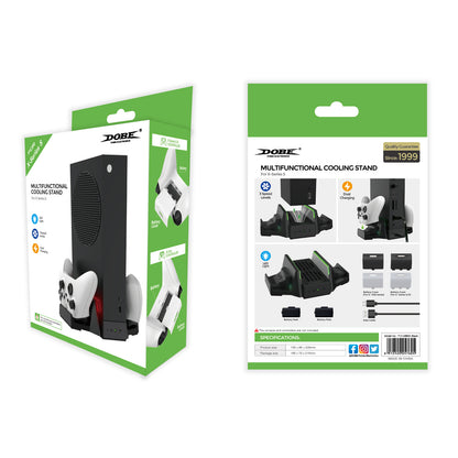 "Xbox Series S Cooling Stand with Dual Controller Charger | Vertical Cooling Base & Charging Station for Xbox Series S Console | 6.4×2.75×9.84in | Includes 2 Rechargeable Battery Packs | USB Powered (Black)"