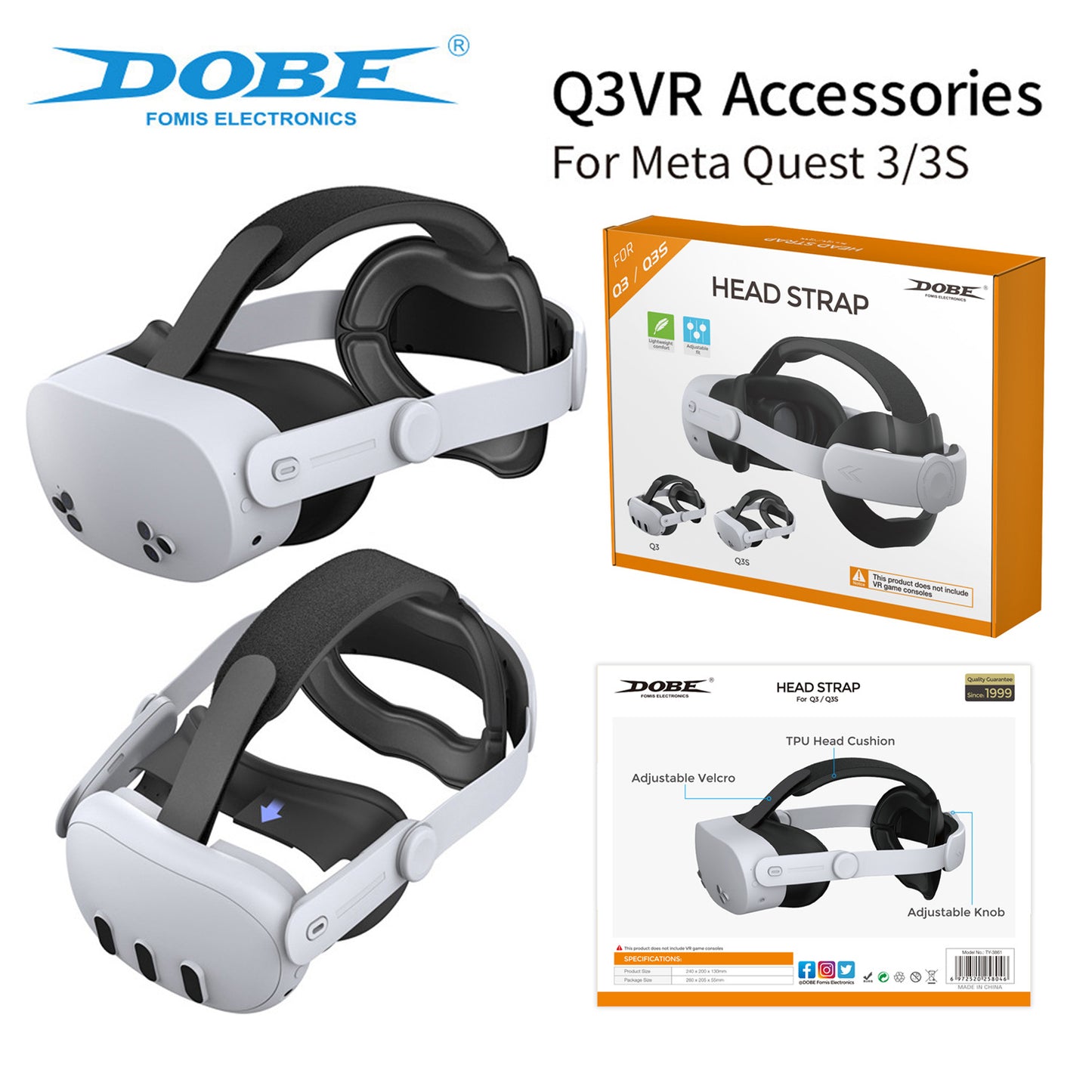 "Meta Quest 3/3S Comfort Replacement Head Strap - Adjustable VR Headband with Enhanced Padding (Black/White) | 10.3×2.2×8.2in | 10.8oz | ABS+Sponge Design for Oculus Quest 3"
