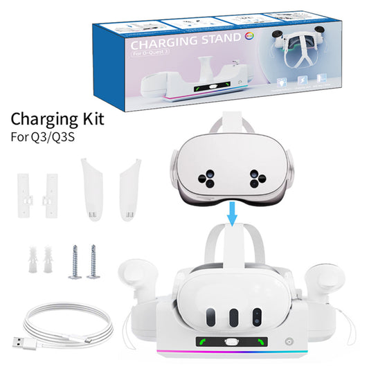 "Meta Quest 3S & Quest 3 Wall-Mounted Charging Dock with RGB Lights | Dual Controller & Headset Charger | Fast Type-C Charging | White ABS VR Stand | Includes Cable"