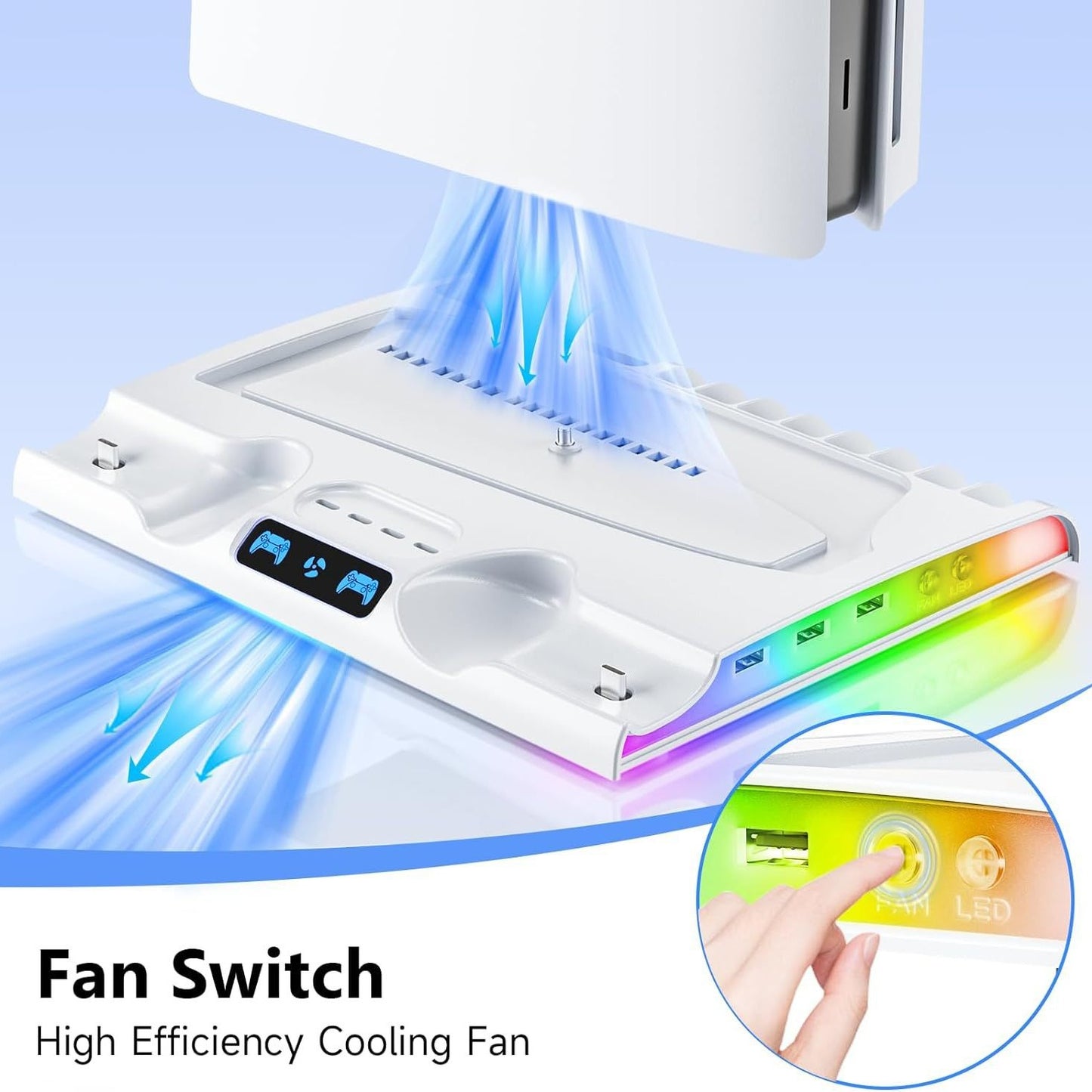 PS5 Slim Dual Controller Charging Station with Cooling Base | 2-in-1 Charger Dock + Game Disc Holder | 9.8" x 7.5" x 1.3" (25x19x3.2cm) | Slim Console Stand with Built-in Fan