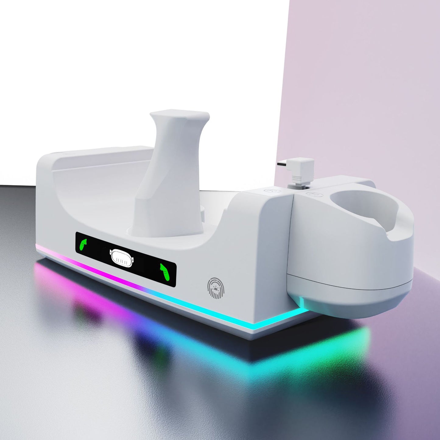 "Meta Quest 3S & Quest 3 Wall-Mounted Charging Dock with RGB Lights | Dual Controller & Headset Charger | Fast Type-C Charging | White ABS VR Stand | Includes Cable"
