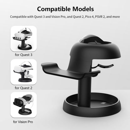 AMVR Universal VR Headset Stand for Apple Vision Pro, Meta Quest 3 & Pico 4 | 3-in-1 Display Dock & Storage Holder | VR Accessories Organiser with Controller Grips | Premium VR Display Stand