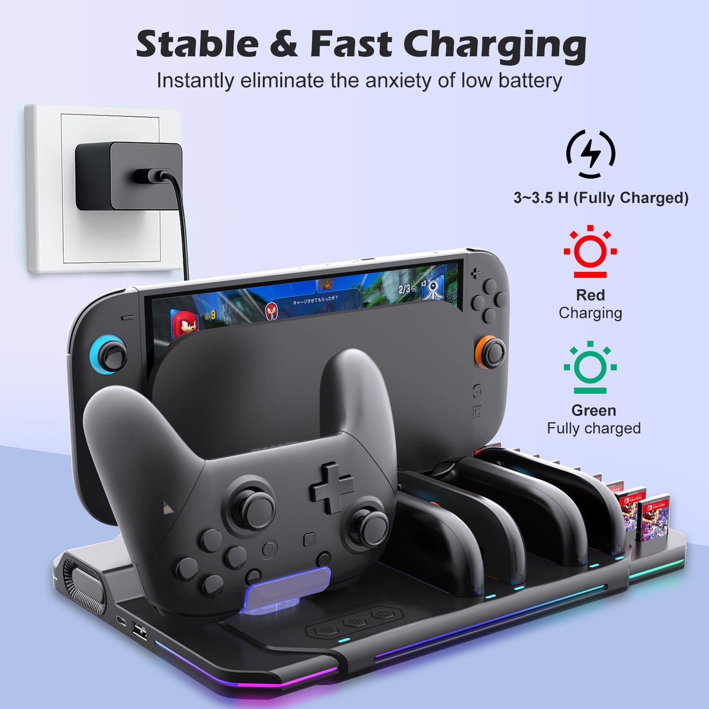 Switch 2 Cooling Dock with 4 Joy-Con Charger | Pro Controller & Game Card Holder | RGB Fan Base Station for Nintendo Switch 2 Accessories