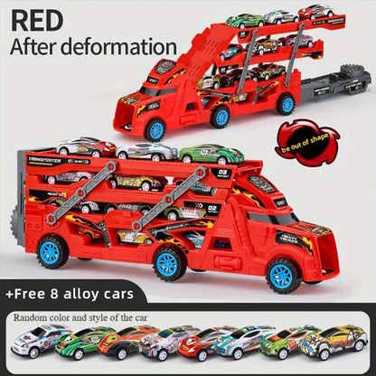 Transformable launching toy car set; folding transport truck for storage; magnetic car for boys