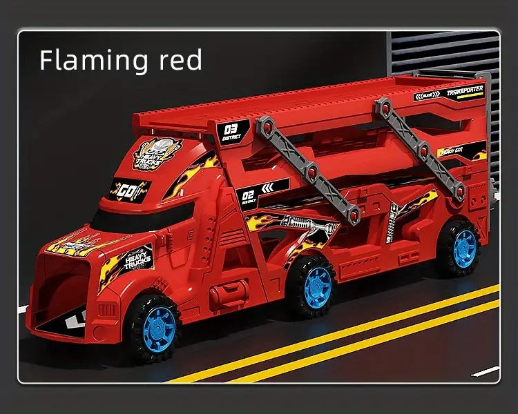 Transformable launching toy car set; folding transport truck for storage; magnetic car for boys
