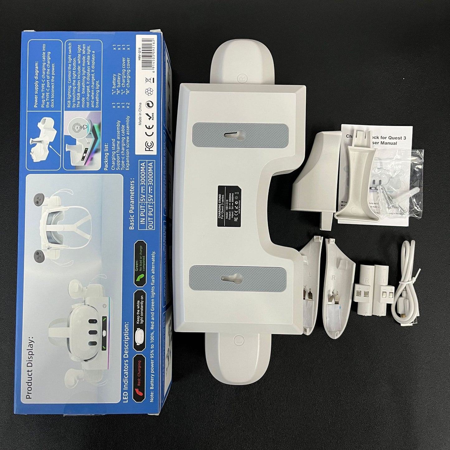 "Meta Quest 3S & Quest 3 Wall-Mounted Charging Dock with RGB Lights | Dual Controller & Headset Charger | Fast Type-C Charging | White ABS VR Stand | Includes Cable"