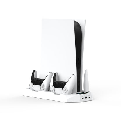 "PS5 Cooling Stand with Dual Controller Charger | Multi-Function Cooling Base for PlayStation 5 Digital/Disc Edition | 8.1×1.7×14.9in | Type-C Fast Charging | Includes Headset Hook & Tools (White/Black)"