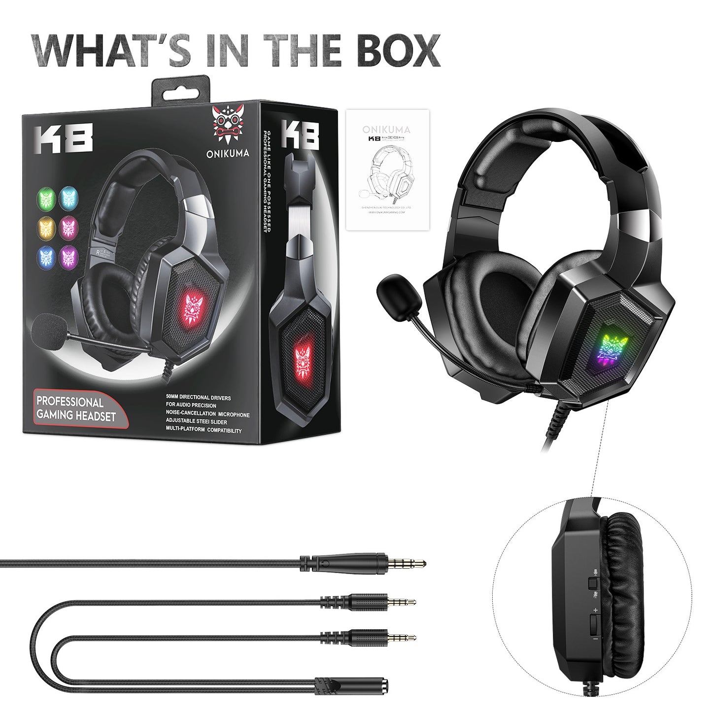 RGB Gaming Headset with Microphone - Wired Over-Ear Headphones for PC/Phone | 3.5mm Jack | 20-20,000Hz Stereo Sound | Black/White