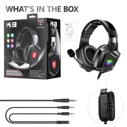 RGB Gaming Headset with Microphone - Wired Over-Ear Headphones for PC/Phone | 3.5mm Jack | 20-20,000Hz Stereo Sound | Black/White