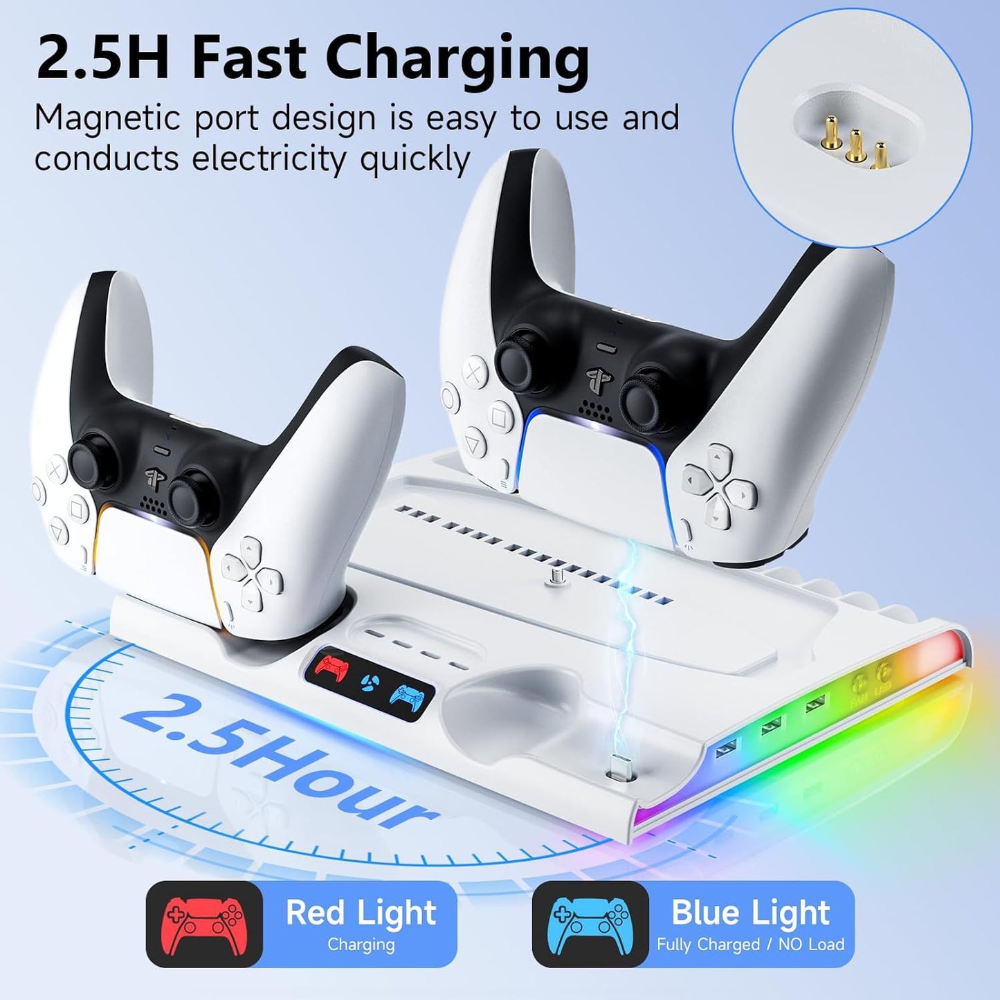 PS5 Slim Dual Controller Charging Station with Cooling Base | 2-in-1 Charger Dock + Game Disc Holder | 9.8" x 7.5" x 1.3" (25x19x3.2cm) | Slim Console Stand with Built-in Fan