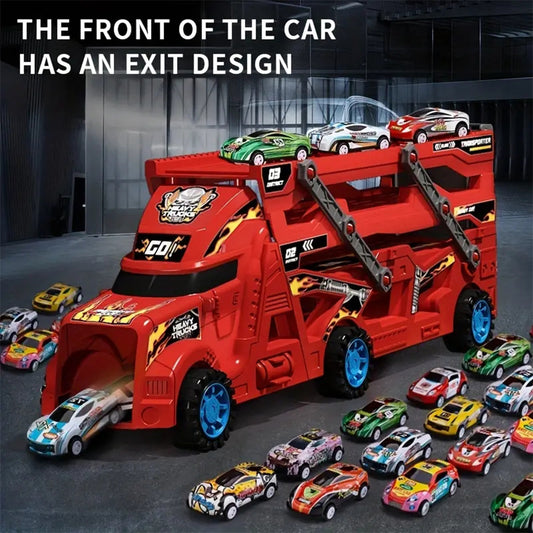 Transformable launching toy car set; folding transport truck for storage; magnetic car for boys