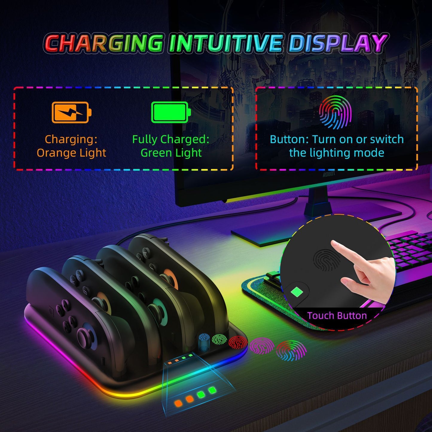 Switch 2 Joy-Con Charging Dock with RGB Lights | 4-Port Fast Charging Station | Horizontal Stand for Nintendo Switch 2 | 4.5" x 1" x 6.5" (11.5x2.5x16.5cm) | ABS Construction
