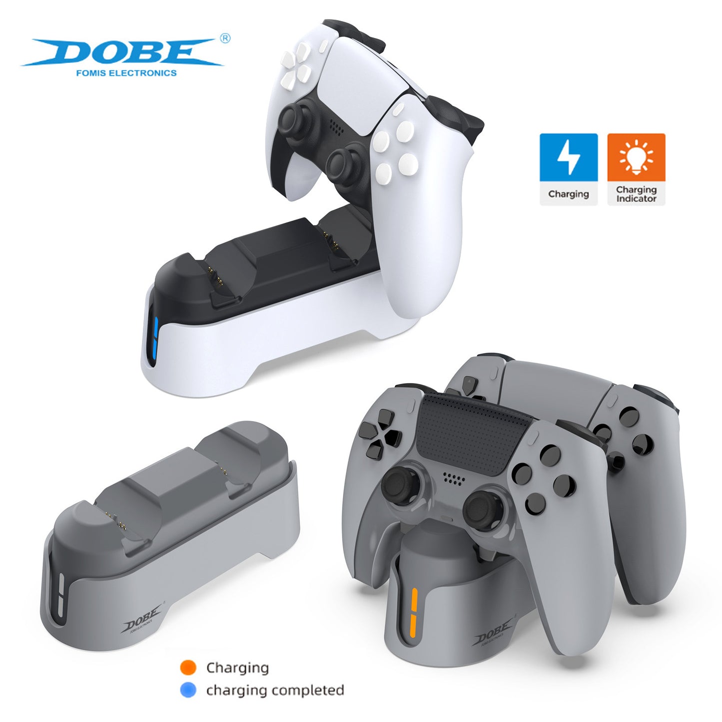 "PS5 Dual Controller Charging Station with Blue LED Indicators | Fast Wireless Charger Dock for Sony PlayStation 5 | 4.7×3×7in Compact Design | Includes 31in Type-C Cable (Official Style)"