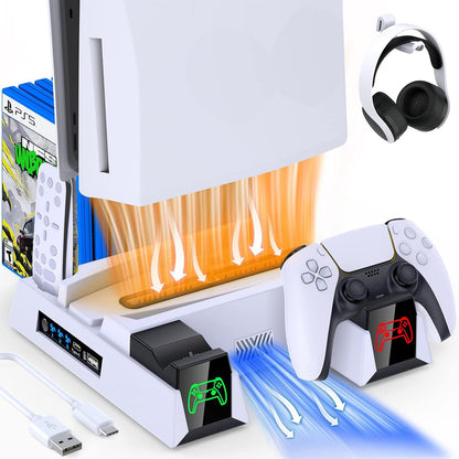 "PS5 Cooling Stand with Dual Controller Charger & LED Lights | Multi-Functional Cooling Dock for PlayStation 5 Console & Controllers | 10.3×2.4×10.3in | Type-C Powered | Includes Headset Hook (Black)"