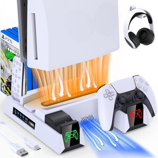 "PS5 Cooling Stand with Dual Controller Charger & LED Lights | Multi-Functional Cooling Dock for PlayStation 5 Console & Controllers | 10.3×2.4×10.3in | Type-C Powered | Includes Headset Hook (Black)"