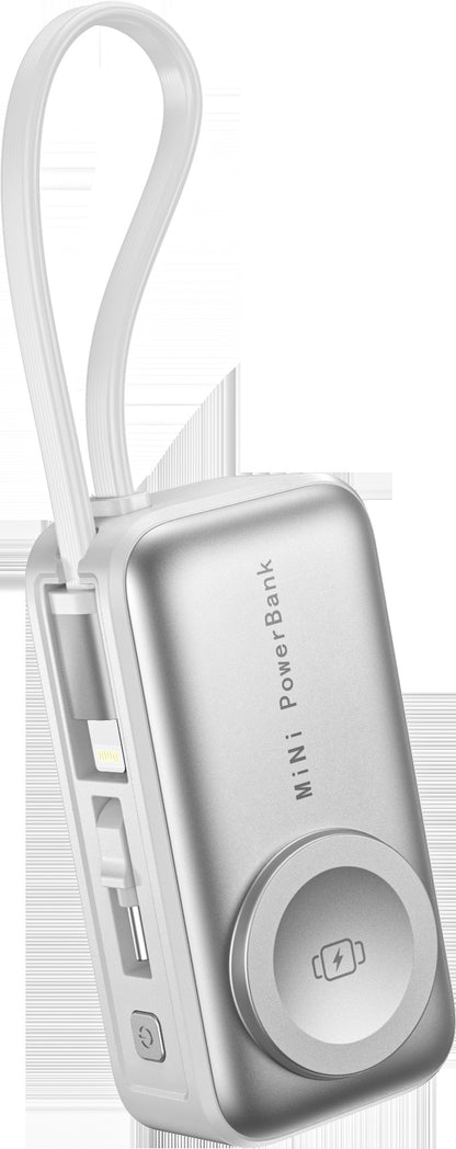 3-in-1 Portable Power Bank with Built-in Cables | 5000mAh Wireless Charging Dock for iPhone, Android Smartphones, AirPods | Foldable Stand (Space Gray, Silver)