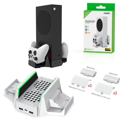 "Xbox Series S Cooling Stand with Dual Controller Charger | Vertical Cooling Base & Charging Station for Xbox Series S Console | 6.4×2.75×9.84in | Includes 2 Rechargeable Battery Packs | USB Powered (Black)"