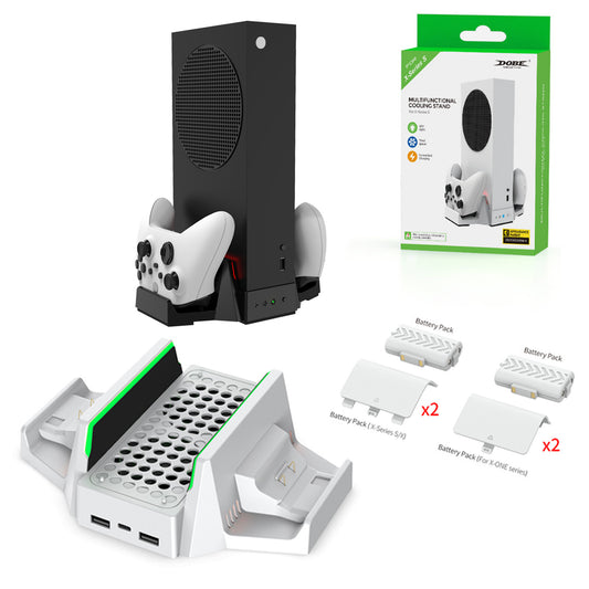"Xbox Series S Cooling Stand with Dual Controller Charger | Vertical Cooling Base & Charging Station for Xbox Series S Console | 6.4×2.75×9.84in | Includes 2 Rechargeable Battery Packs | USB Powered (Black)"