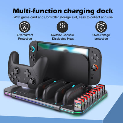 Switch 2 Cooling Dock with 4 Joy-Con Charger | Pro Controller & Game Card Holder | RGB Fan Base Station for Nintendo Switch 2 Accessories