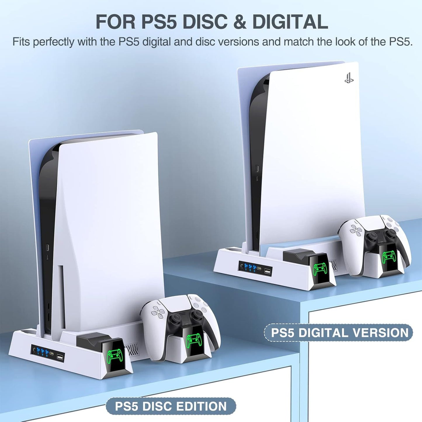 "PS5 Cooling Stand with Dual Controller Charger & LED Lights | Multi-Functional Cooling Dock for PlayStation 5 Console & Controllers | 10.3×2.4×10.3in | Type-C Powered | Includes Headset Hook (Black)"