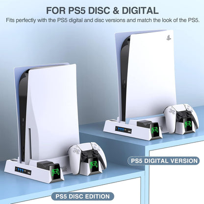 "PS5 Cooling Stand with Dual Controller Charger & LED Lights | Multi-Functional Cooling Dock for PlayStation 5 Console & Controllers | 10.3×2.4×10.3in | Type-C Powered | Includes Headset Hook (Black)"