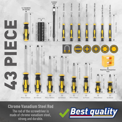 43pcs Steel Magnetic Screwdrivers Set, Black And Yellow, with Case, Slotted Hex Torx Bits Precision Screwdriver Rod Set, Professional, Durable