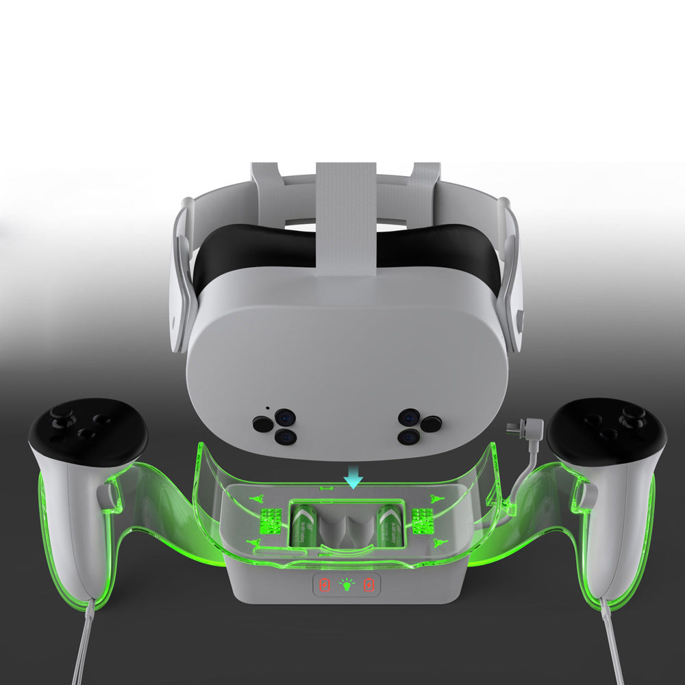 "Meta Quest 3S Charging Dock with LED Light | Universal Stand for Quest 2/Quest 3/Quest 3S | Fast Type-C Charging | Includes 2 Battery Packs & Cable | White ABS VR Accessory"