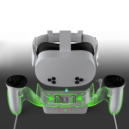 "Meta Quest 3S Charging Dock with LED Light | Universal Stand for Quest 2/Quest 3/Quest 3S | Fast Type-C Charging | Includes 2 Battery Packs & Cable | White ABS VR Accessory"