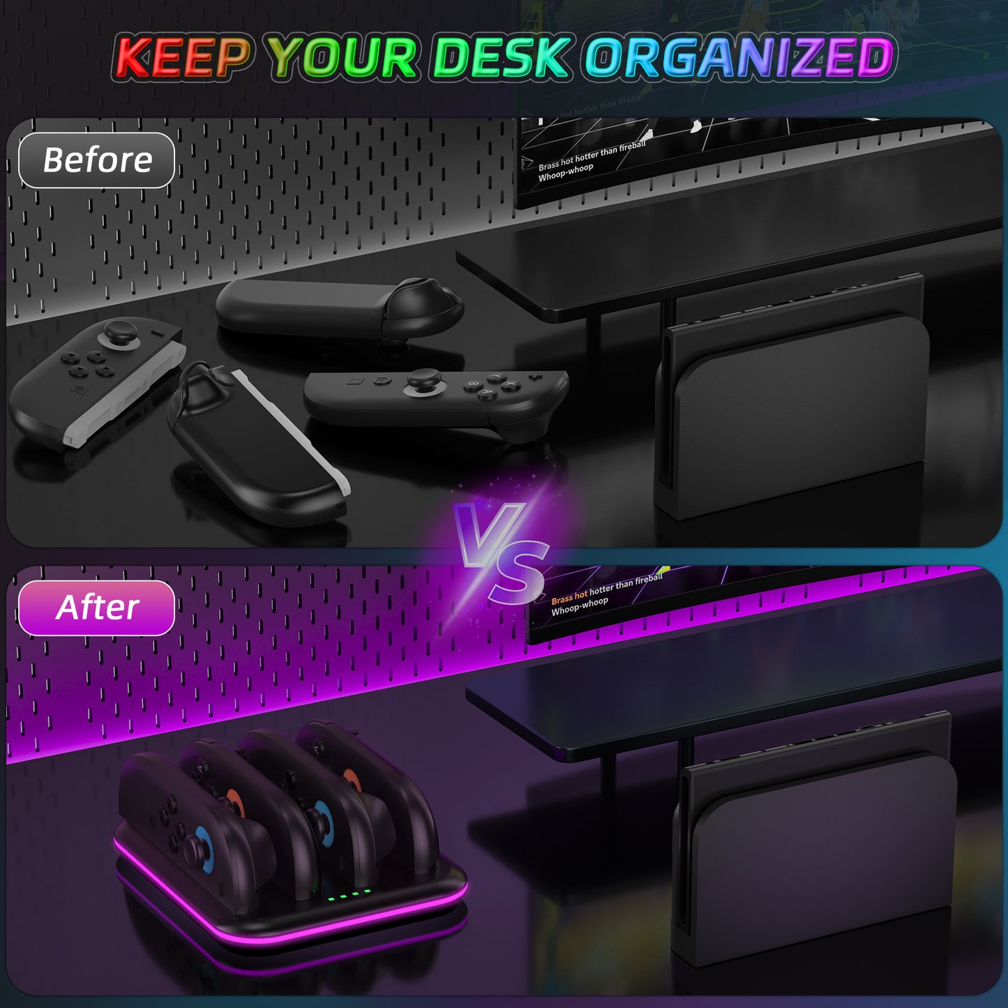 Switch 2 Joy-Con Charging Dock with RGB Lights | 4-Port Fast Charging Station | Horizontal Stand for Nintendo Switch 2 | 4.5" x 1" x 6.5" (11.5x2.5x16.5cm) | ABS Construction