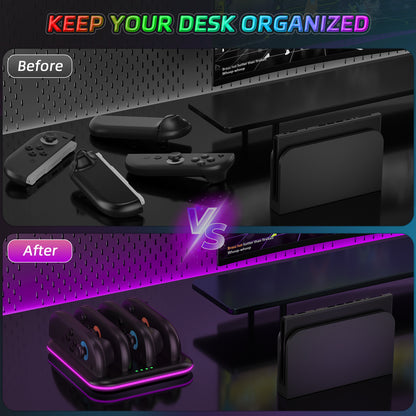 Switch 2 Joy-Con Charging Dock with RGB Lights | 4-Port Fast Charging Station | Horizontal Stand for Nintendo Switch 2 | 4.5" x 1" x 6.5" (11.5x2.5x16.5cm) | ABS Construction