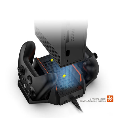 "Xbox Series S Cooling Stand with Dual Controller Charger | Vertical Cooling Base & Charging Station for Xbox Series S Console | 6.4×2.75×9.84in | Includes 2 Rechargeable Battery Packs | USB Powered (Black)"