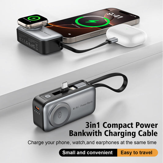 3-in-1 Portable Power Bank with Built-in Cables | 5000mAh Wireless Charging Dock for iPhone, Android Smartphones, AirPods | Foldable Stand (Space Gray, Silver)