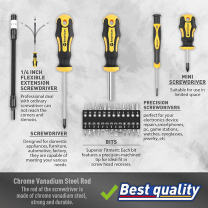 43pcs Steel Magnetic Screwdrivers Set, Black And Yellow, with Case, Slotted Hex Torx Bits Precision Screwdriver Rod Set, Professional, Durable