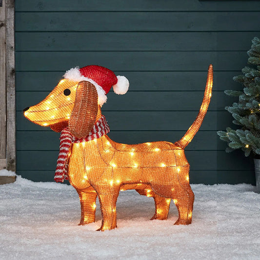 Christmas Dachshund Dog Light-Up Outdoor Decoration - Festive Sausage Dog Garden Ornament with LED Lights for Holiday Yard Decor