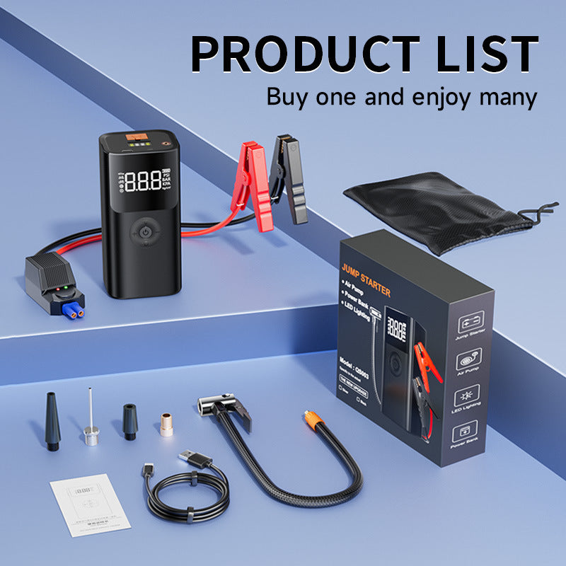 Portable tyre inflator and starter set (petrol/diesel dual fuel) - USB rechargeable, LED light, digital display, clamps, hoses and accessories for cars, motorbikes, bicycles