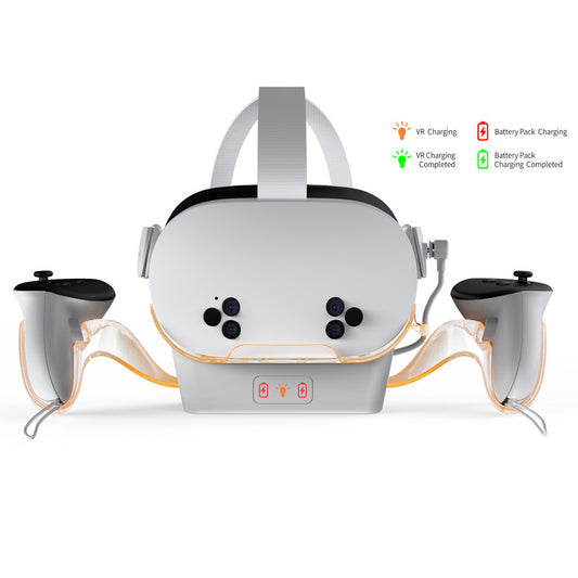 "Meta Quest 3S Charging Dock with LED Light | Universal Stand for Quest 2/Quest 3/Quest 3S | Fast Type-C Charging | Includes 2 Battery Packs & Cable | White ABS VR Accessory"