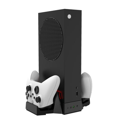 "Xbox Series S Cooling Stand with Dual Controller Charger | Vertical Cooling Base & Charging Station for Xbox Series S Console | 6.4×2.75×9.84in | Includes 2 Rechargeable Battery Packs | USB Powered (Black)"