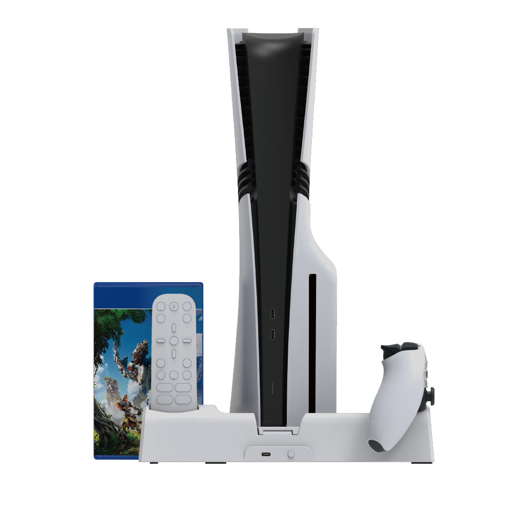 "PS5/Slim/Pro Universal Cooling Stand with Blue LED Charger & Game Storage | Multi-Functional Cooling Base for PlayStation 5 All Models | 10.8×11.6×2.5in | Type-C Controller Charging | Disc Holder (Black)"