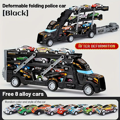 Transformable launching toy car set; folding transport truck for storage; magnetic car for boys