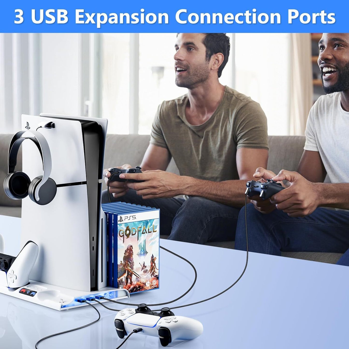 PS5 Slim Dual Controller Charging Station with Cooling Base | 2-in-1 Charger Dock + Game Disc Holder | 9.8" x 7.5" x 1.3" (25x19x3.2cm) | Slim Console Stand with Built-in Fan